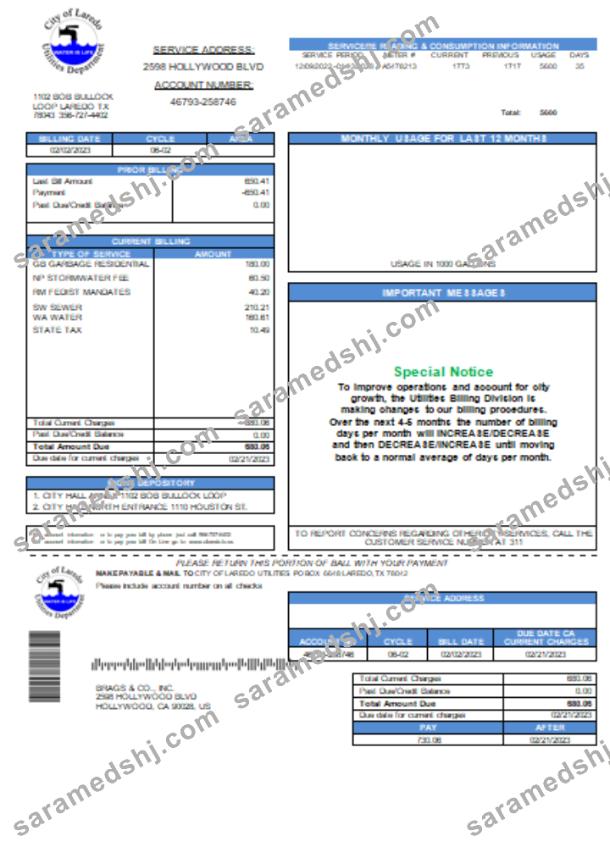 City of Laredo Utilities Department water utility business bill, SCR